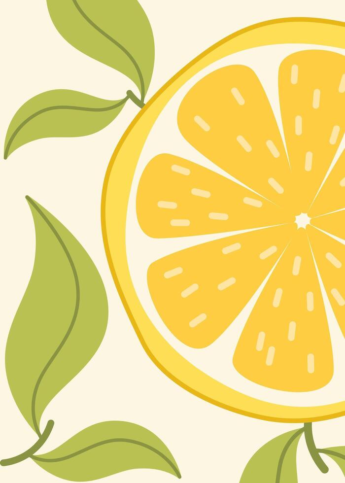 Summer poster with lemon slices closeup. Flat style. Bright Mediterranean design template for postcard, poster, flyer, banner, cover. vector