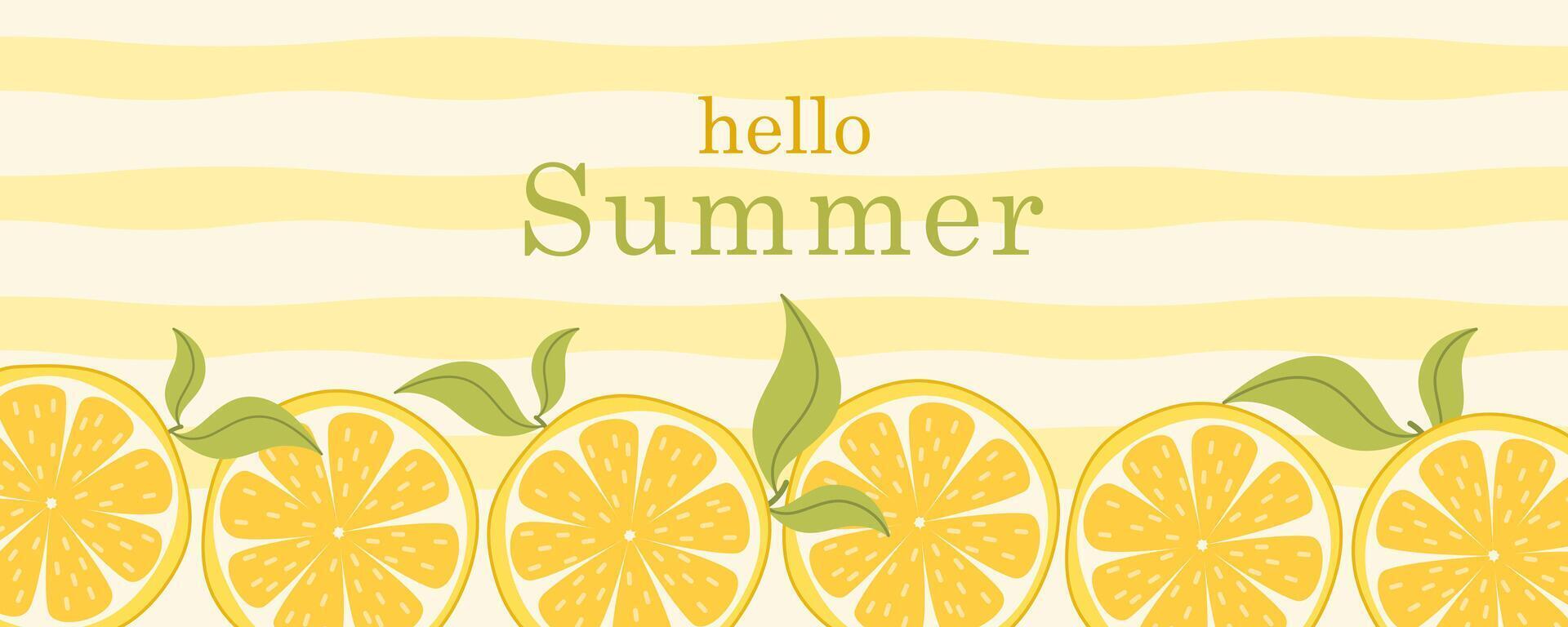 Summer horizontal banner with lemons on striped background. Modern flat template for horizontal poster, header, cover, social media. vector
