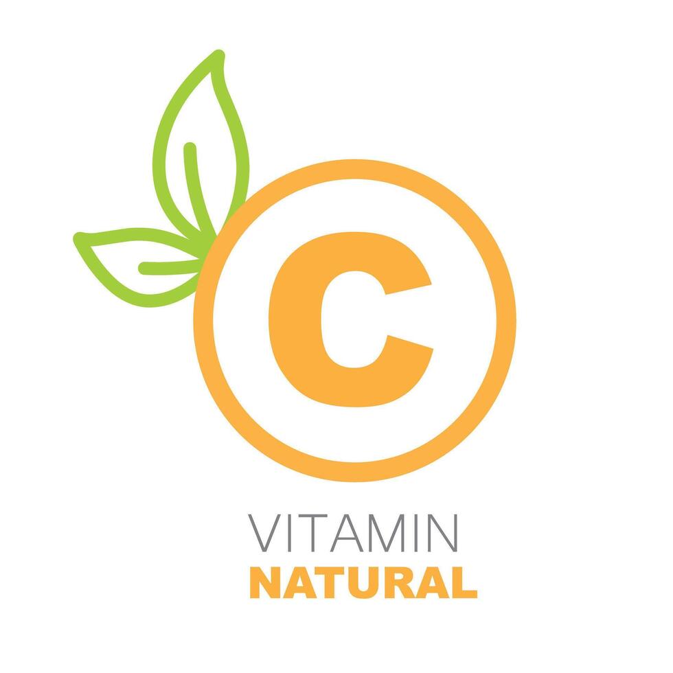Food supplement vitamin C, in a circle with two leaves. vector