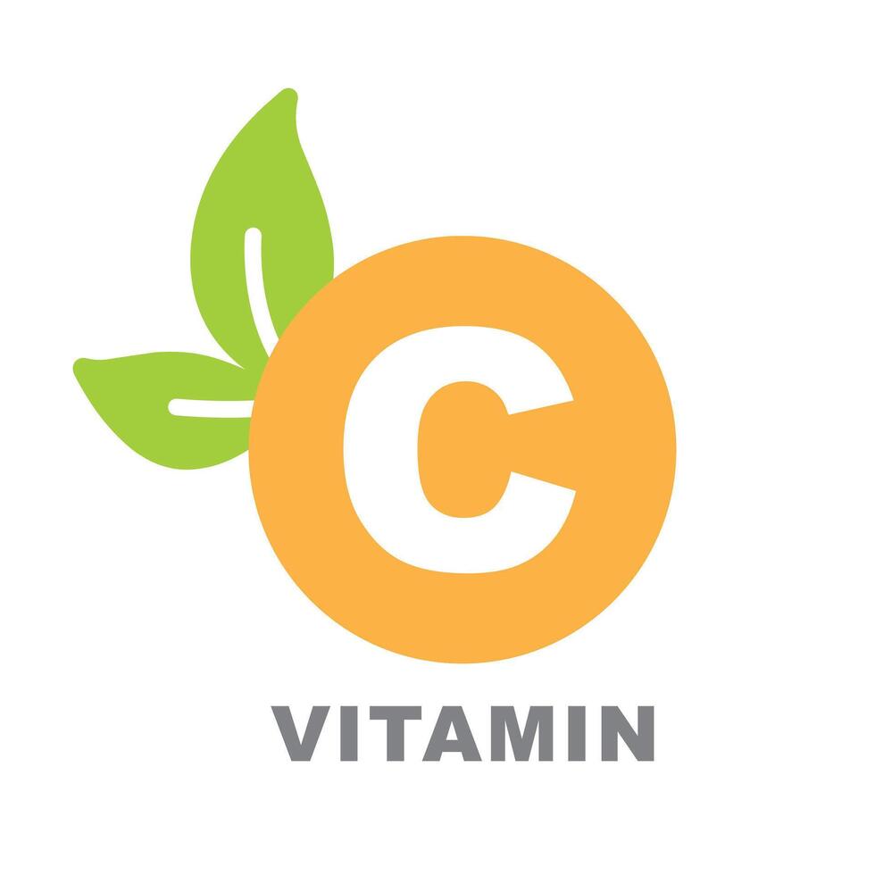 Vitamin C, in a circle with two leaves. vector