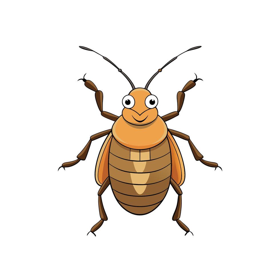A cartoon bug with a smiling expression, brown legs and yellow carapace. Flat illustration. vector