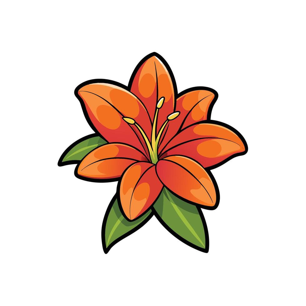 Illustration of an orange lily flower with green leaves. Cartoon style with bold outlines. vector