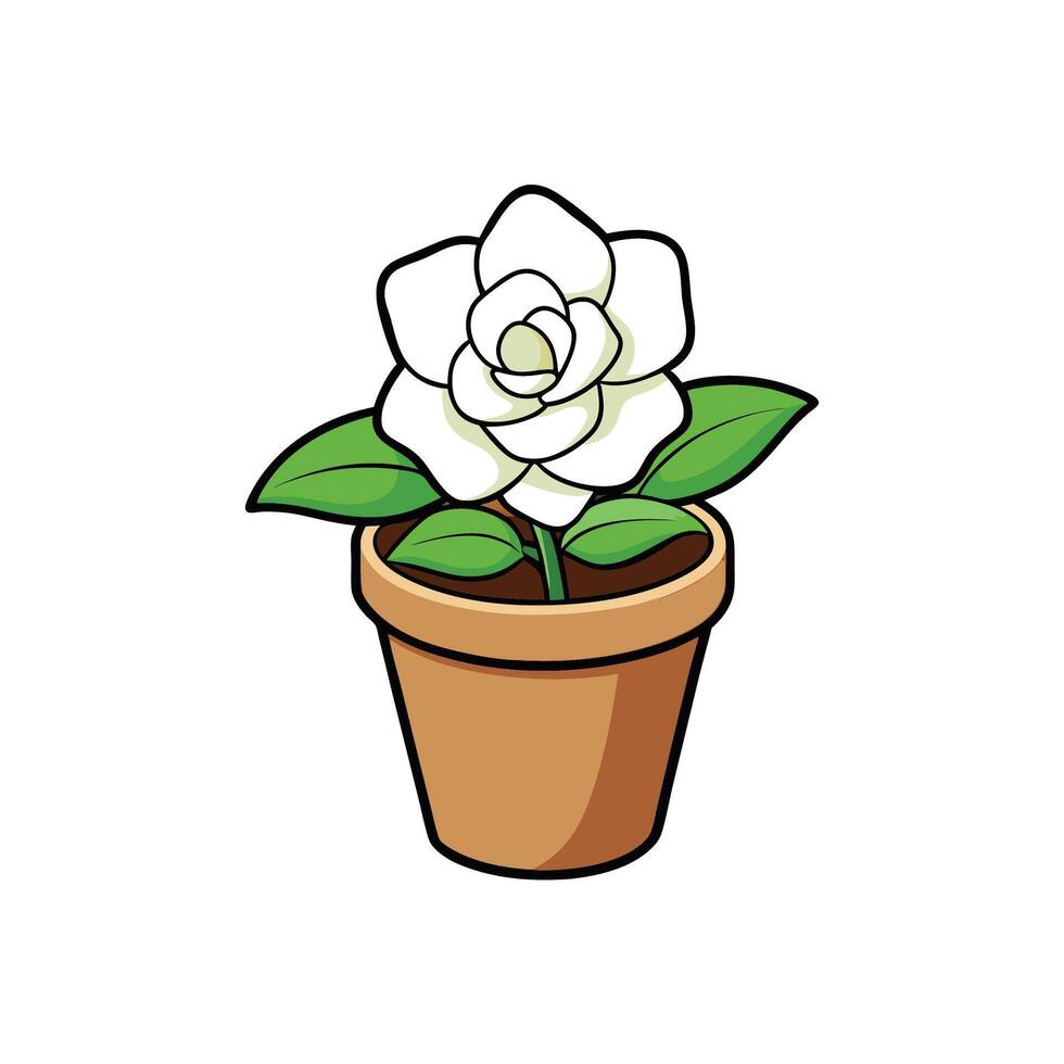 Cartoon illustration of a white flower in a brown pot with leaves. vector