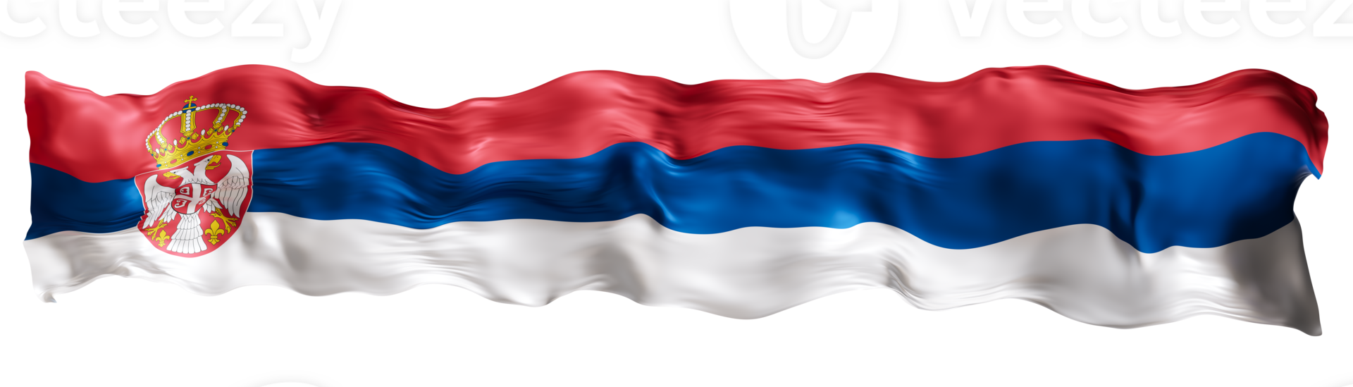 Stylized flag of Serbia waving in the wind on transparent background. Footer, header or divider. Cut out wide, panoramic element. Banner for patriotic themes or national event promotions. 3D. png