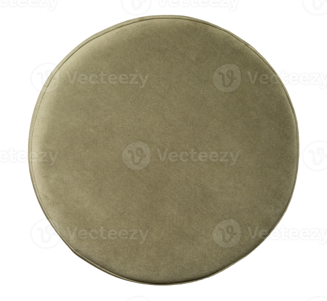 This soft green pouf is placed on transparent background, showcasing its round shape and smooth texture, ideal for adding comfort to any living space or decor style. Top view, cut out seating point png