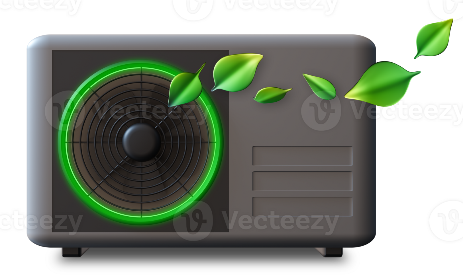 This air source heat pump features a compact gray and black design, highlighting core components. Eco-friendly leaves symbolize energy efficiency and sustainable heating solutions png