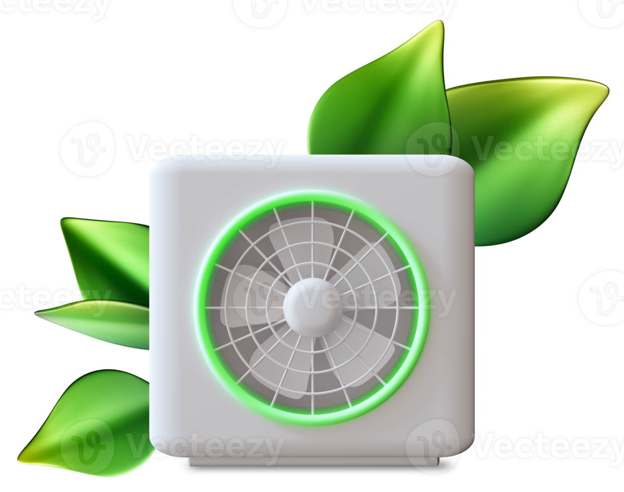 3D render showcases a compact air source heat pump, highlighting its innovative design and structural features. The pump is adorned with green leaves, emphasizing its eco-friendly attributes png