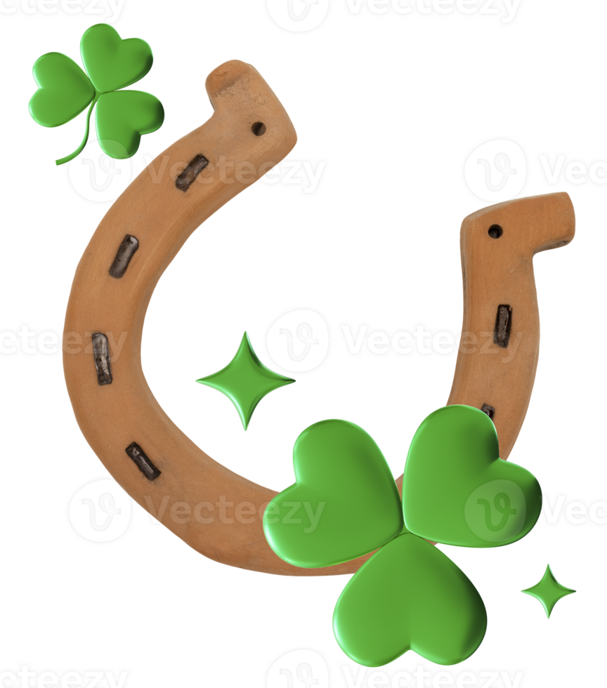 GRustic horseshoe crafted from ceramic features a weathered texture and is shaped traditionally in a U form. Accompanied by green clovers, it represents luck and protection png