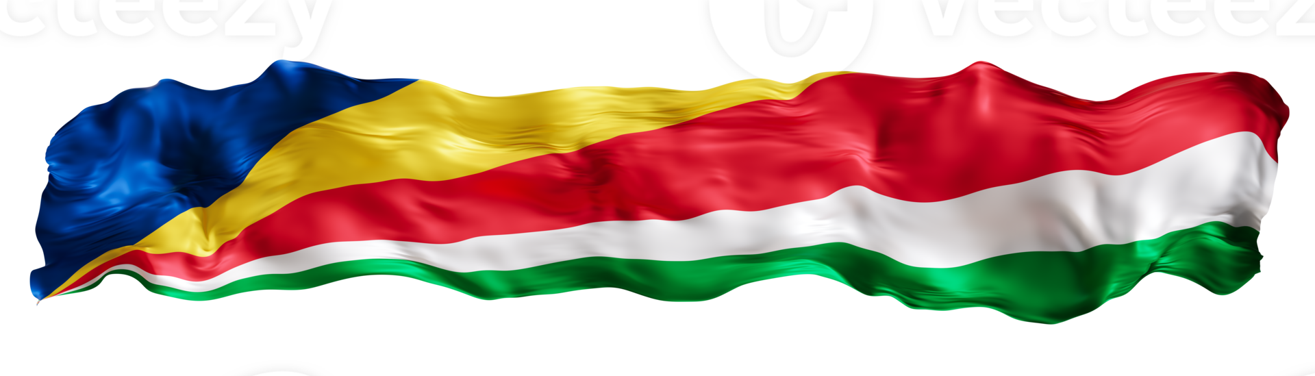 Stylized flag of Seychelles waving in the wind on transparent background. Footer, header or divider. Cut out wide, panoramic element. Banner for patriotic themes or national event promotions. 3D. png