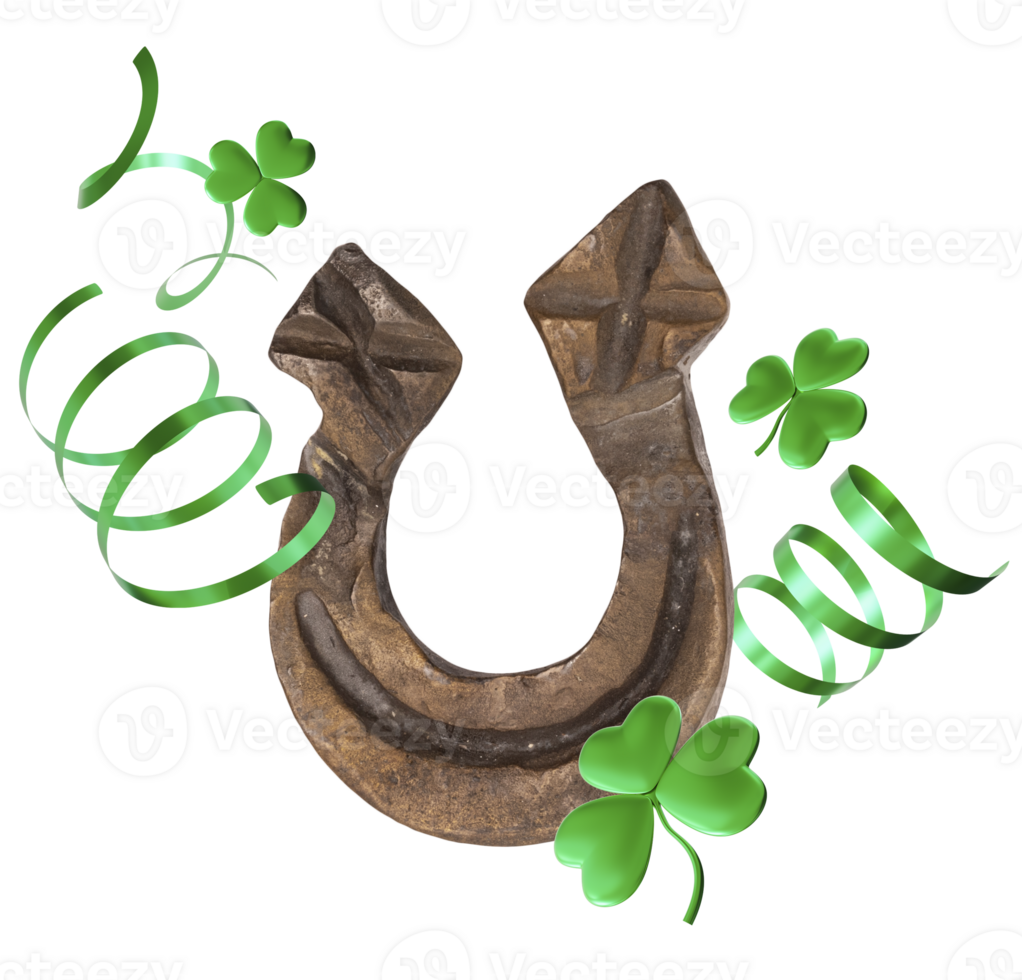 Metal horseshoe with weathered look symbolizes luck and protection. Surrounded by shamrocks and ribbons, it adds a vintage charm to home decor for St Patrick's celebrations png