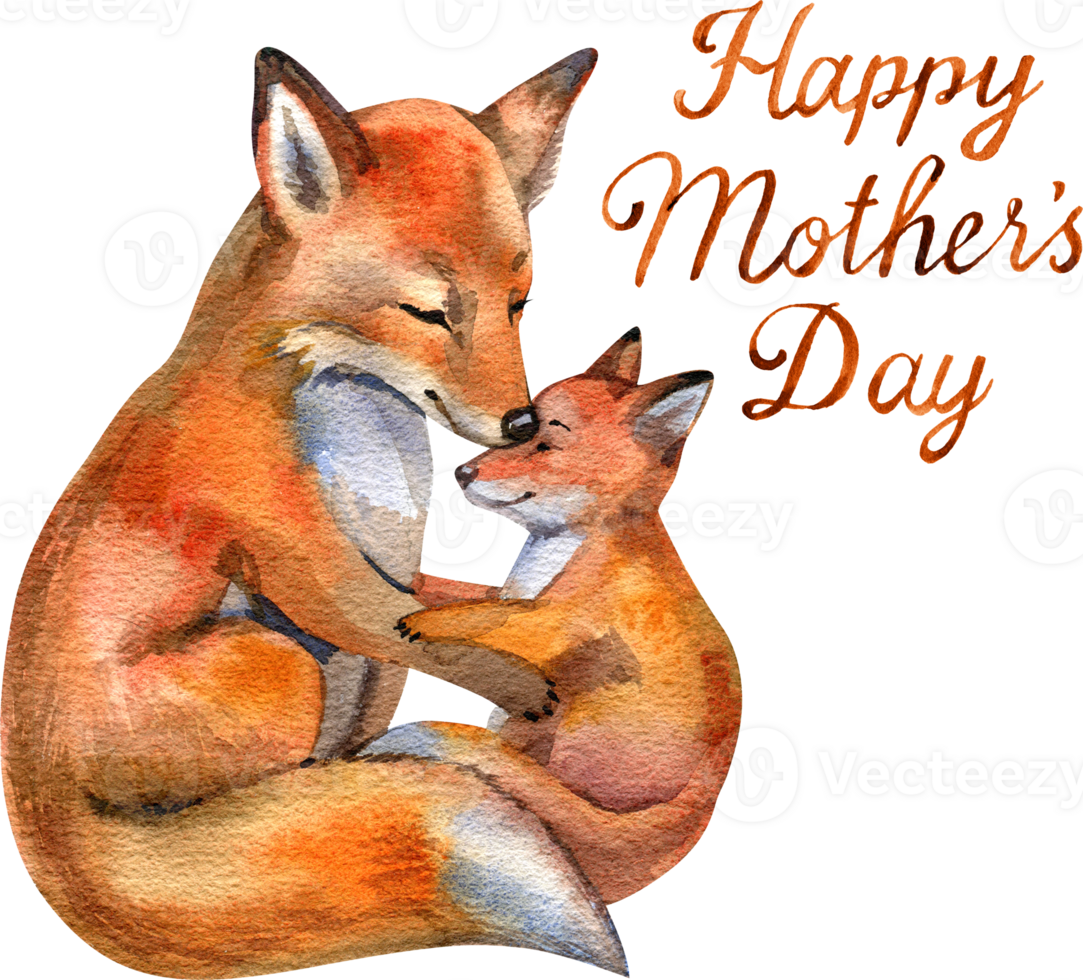 Watercolor Cute mom and baby fox. Mother's Day greeting card. png