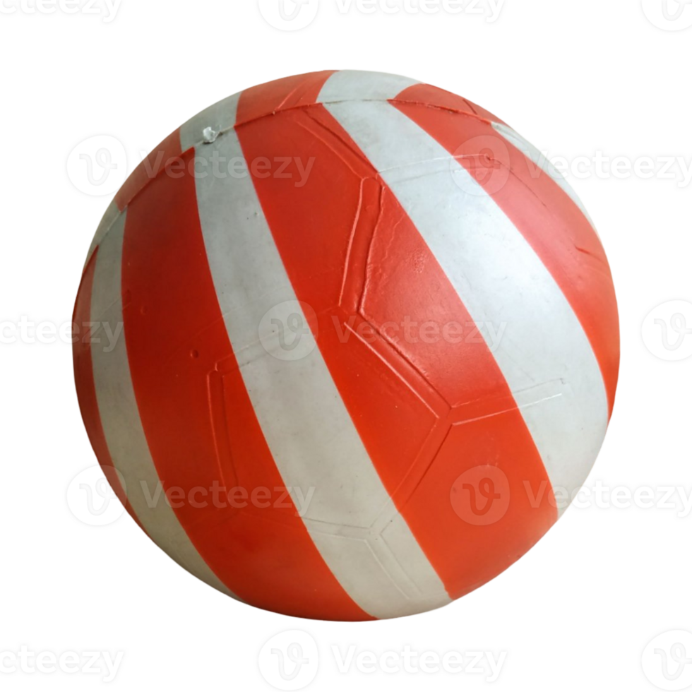 A red and white striped plastic ball placed on a transparent background, featuring a glossy texture and geometric panel design, ideal for children's play or graphic use. png
