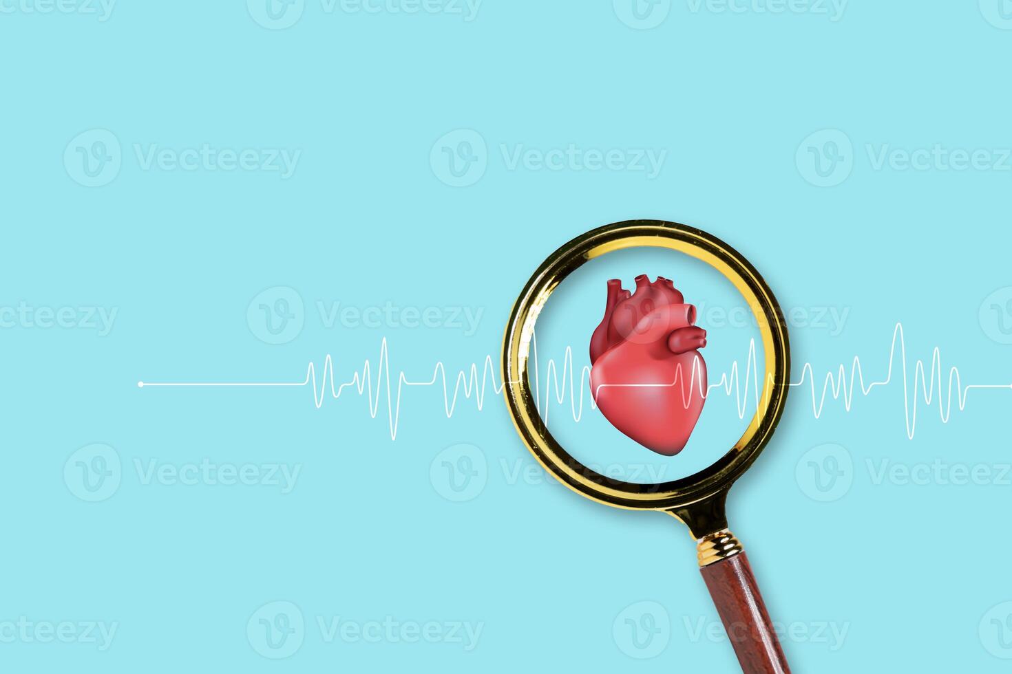 Magnifying Glass Focuses on Human Heart with ECG Line on Blue Background, Medical and Healthcare Concept photo