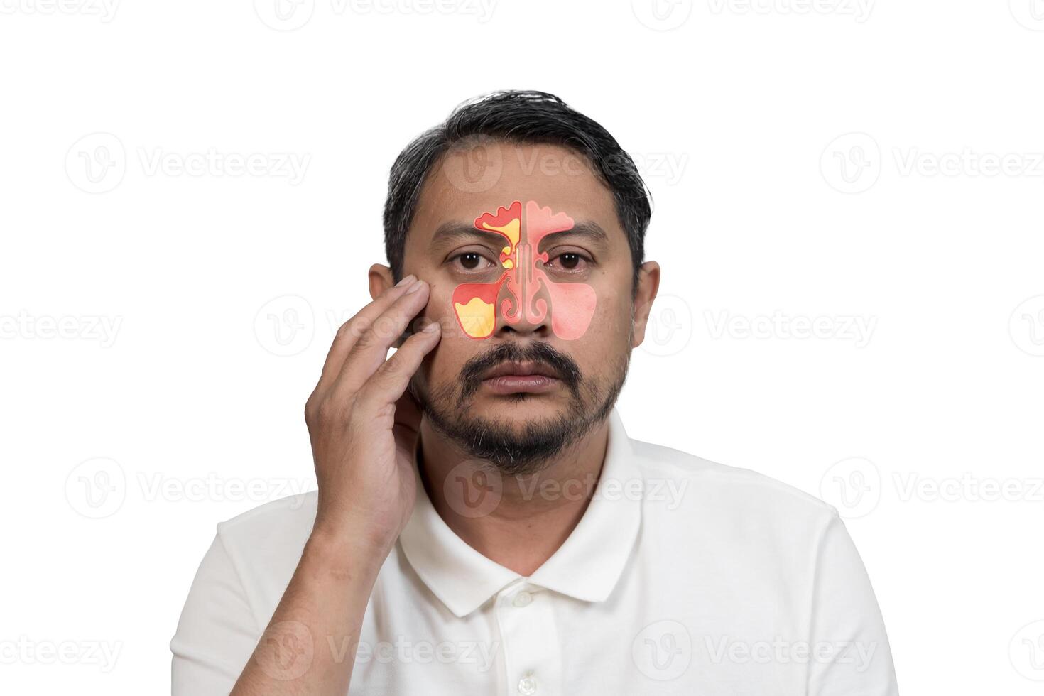 Asian man suffering from sinus infection with anatomical diagram of inflamed sinus cavities on face illustration photo