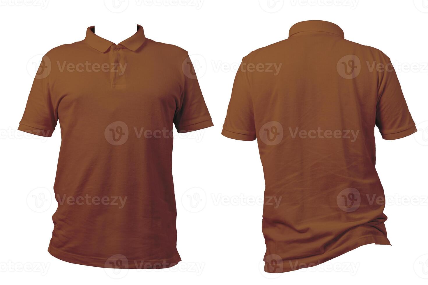 Front and back view of plain brown polo shirt isolated on white background for apparel mockup and design photo