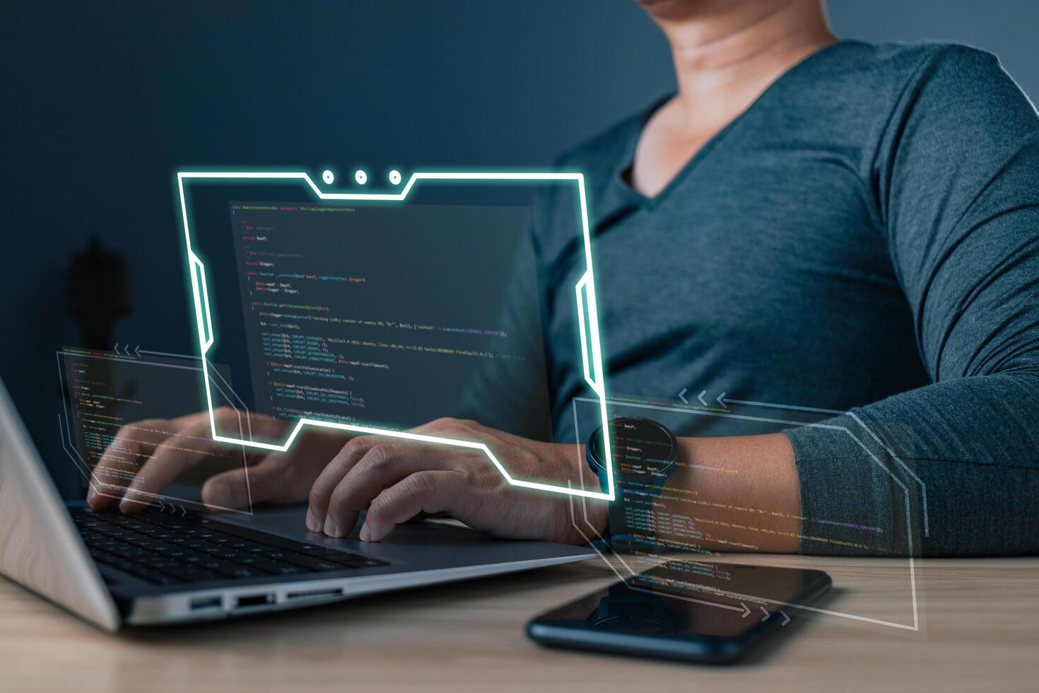 A programmer engaged in coding demonstrates the essence of technology, merging skill and innovation to craft efficient solutions and drive advancements in the ever-evolving digital landscape. photo