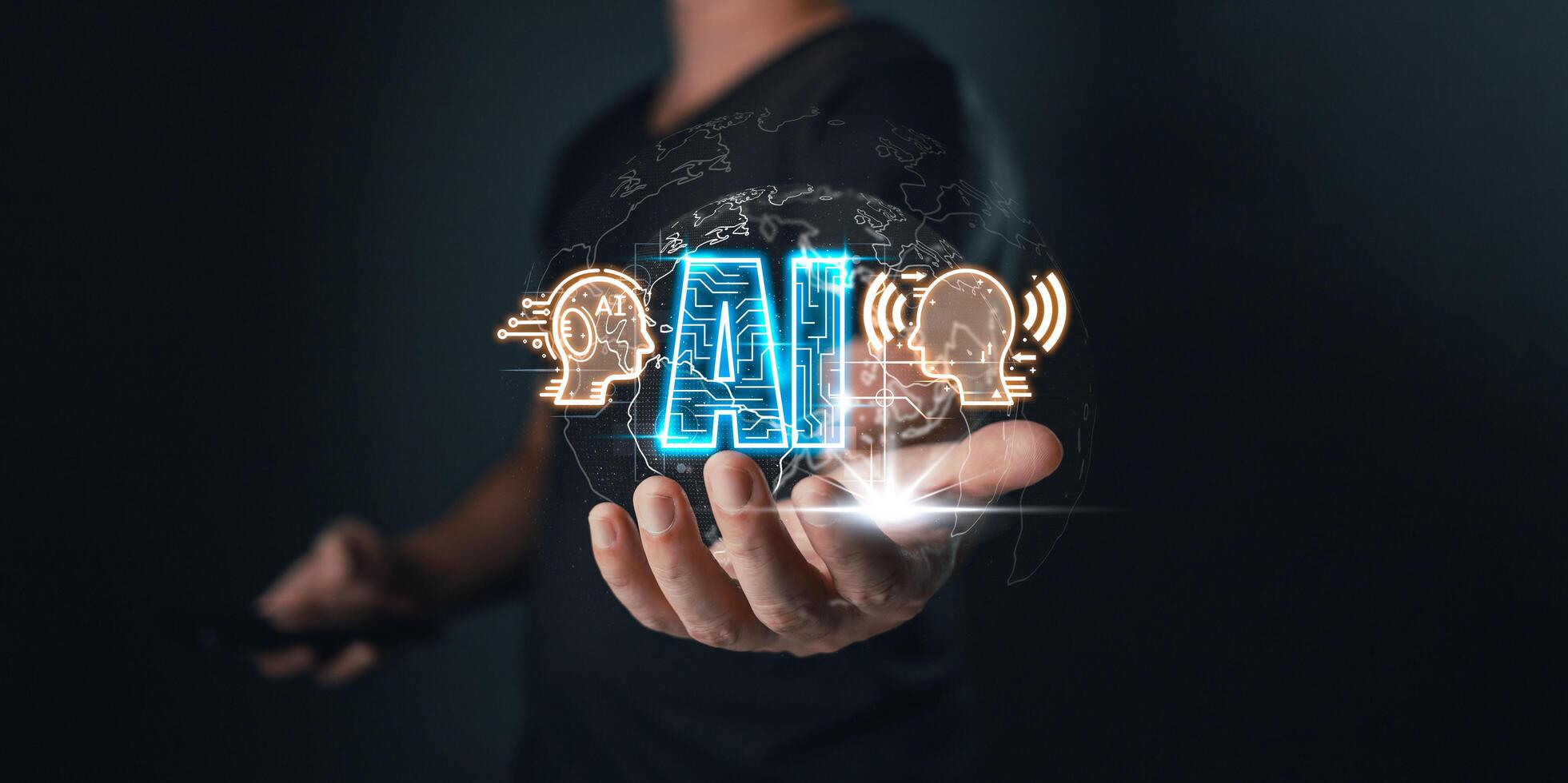 man hold ai auto chat bot. Big data center storage.Digital Artificial Intelligence technology disruption concept. We are implementing storage technology support and service in the business photo