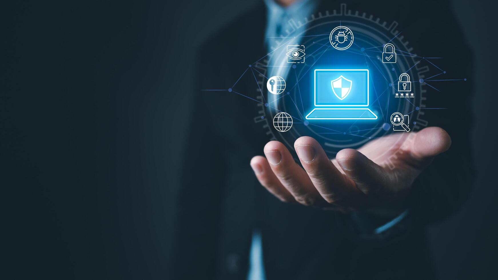Businessmen protect personal data information from viruses on a laptop with virtual screen interfaces. Cybersecurity and privacy protection network security computer and safe data concept photo