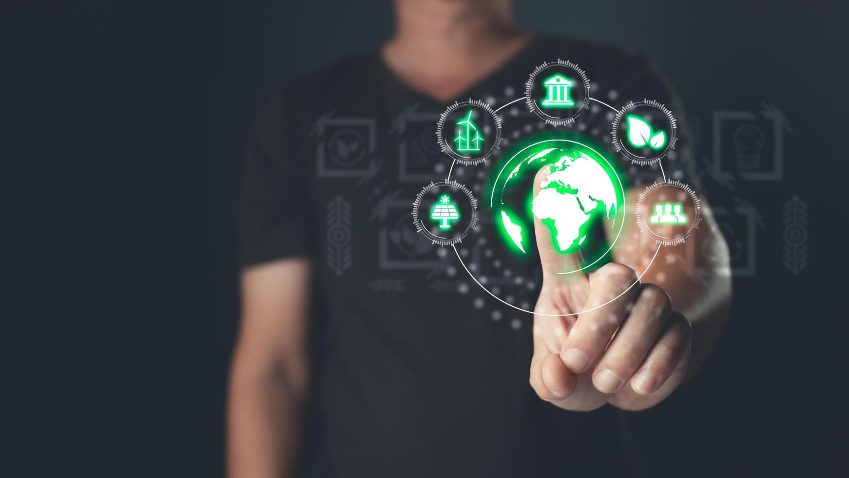 hand touch hologram to save energy,and reduce global warming,climate change,ecology friendly investment,ESG environment social governance,Green Business Innovation and Sustainable Development concept photo