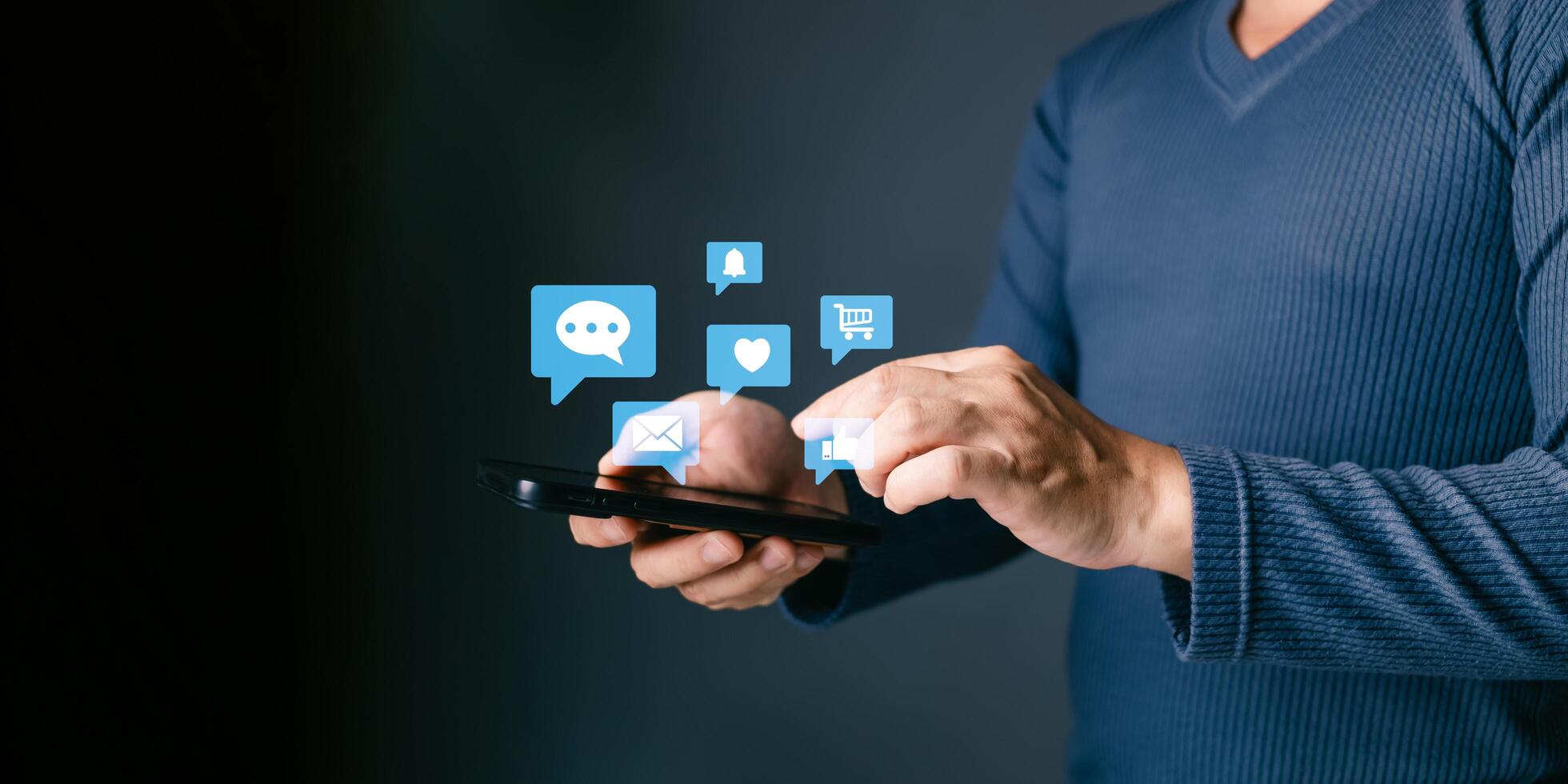 man using smartphone and touch icon social media for online marketing, work from anywhere. technology internet networking, playing social media and living on holiday concept photo