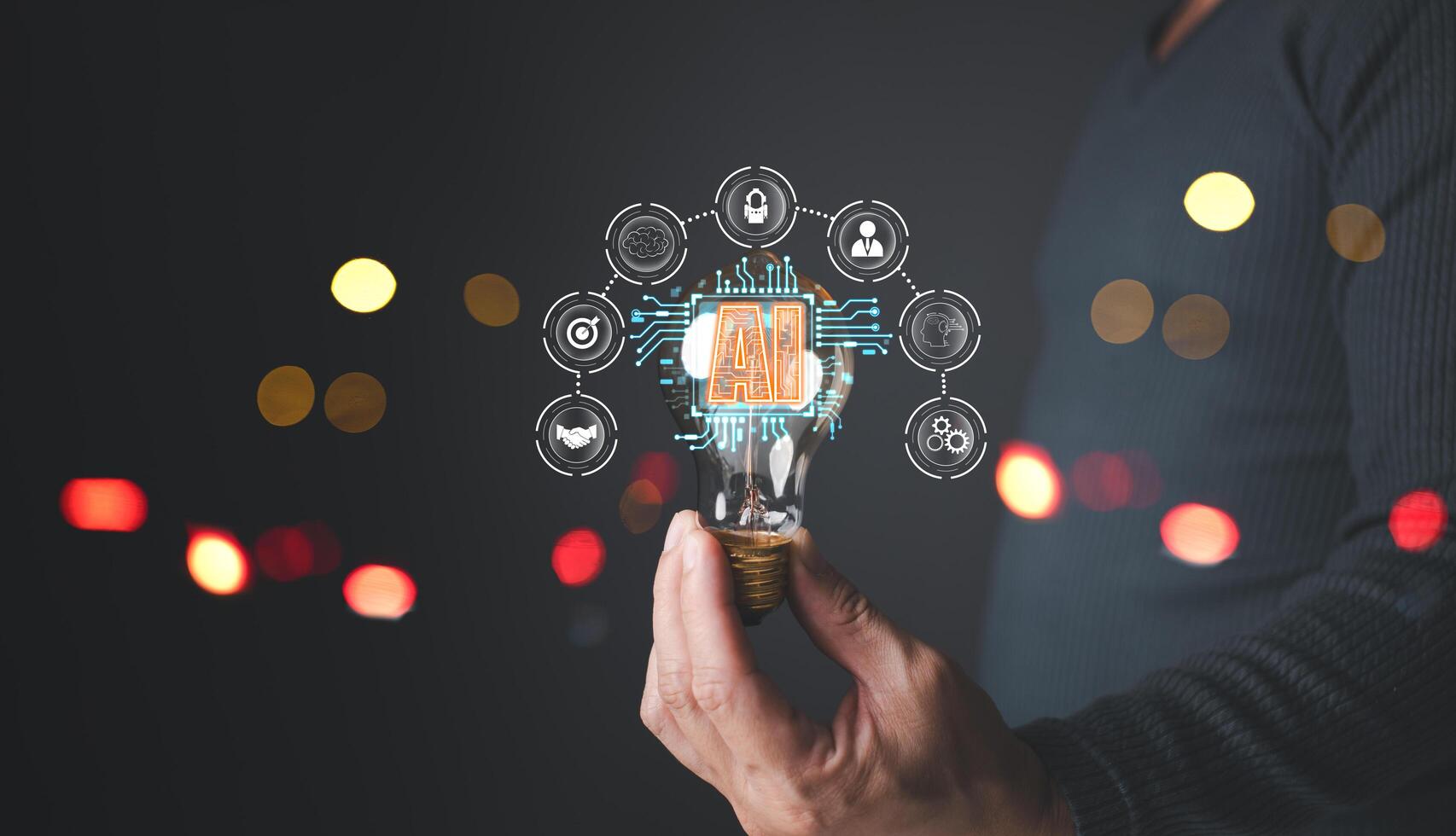 Ai technology.innovation technology big data center and business process strategy. man hold lightbulb Ai icon.Digital transformation change management.Ai generates creation content concepts. photo