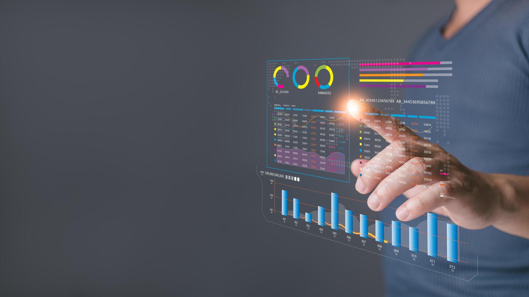 businessman interact with a glowing virtual dashboard displaying analytics and charts, emphasizing data analysis, business insights, and modern technology for decision making and performance tracking. photo