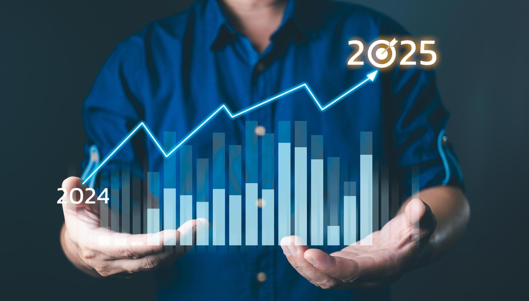 Businessmen hold target 2025 and progress of business and analyze financial, and investment.Use technology to plan strategy to success goals and growth.online business, e-commerce, online marketing. photo
