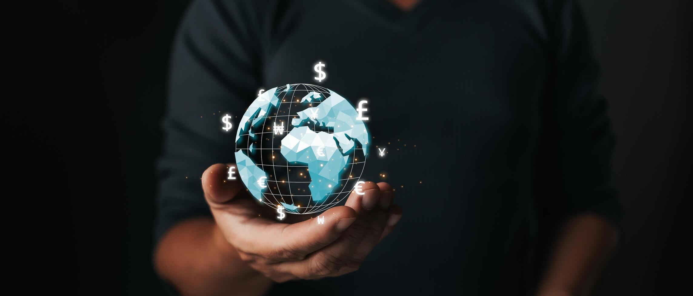 A person hold global currency to plan in business, the use of online digital network technology in business, Foreign exchange. photo