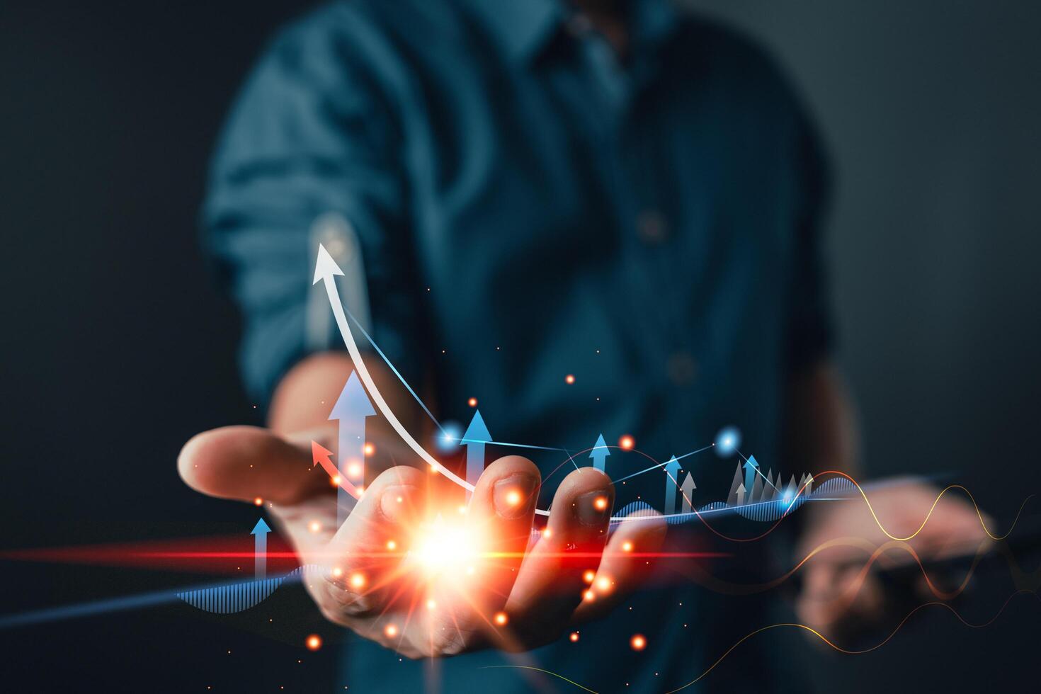 businessman hold growth graph stock with progress and analyze financial and investment.Use technology to plan strategy to success goals and growth.online business, investment funds and digital assets. photo
