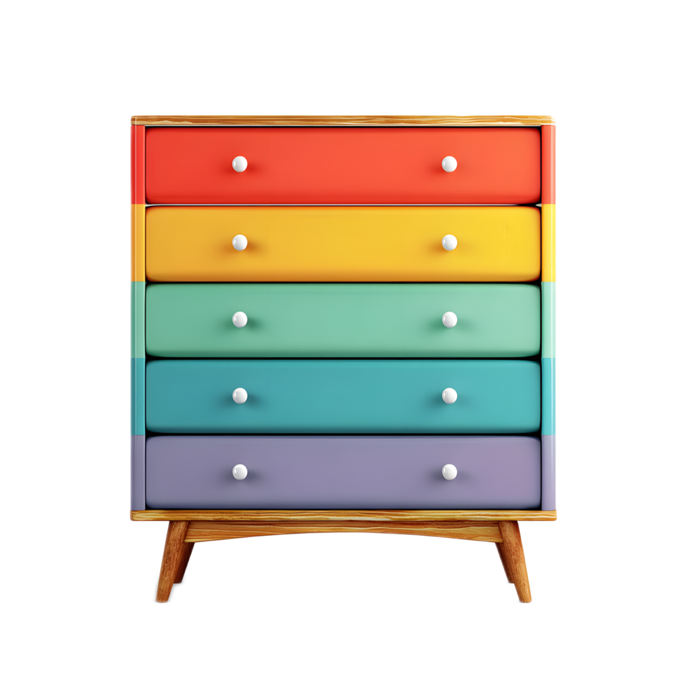 A modern and stylish chest of drawers featuring a sleek wooden frame and a stack of vibrant pastel colored drawers for ample storage and contemporary home decor png