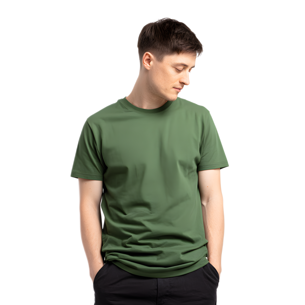 Portrait of a young adult male wearing a simple green shirt looking directly at the with a serious contemplative expression png