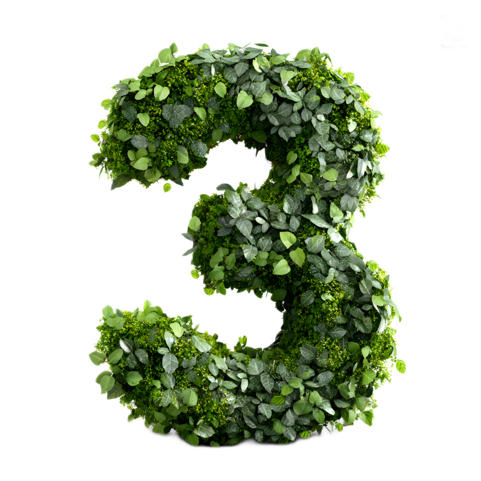 The number 3 is crafted from a lush verdant display of thriving organic plant life creating a visually striking and nature inspired numerical design png