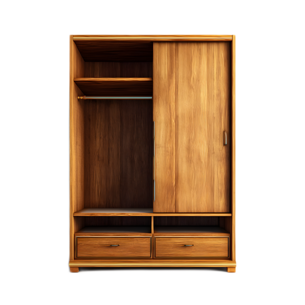 A modern minimalist wooden wardrobe featuring open shelves and drawers for efficient storage and organization in a bedroom or living space png