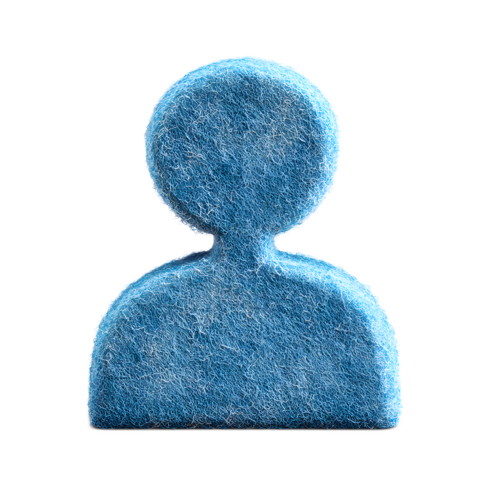 A simple minimalist icon representing a user or person created using a textured fuzzy felt material in a calming blue shade png