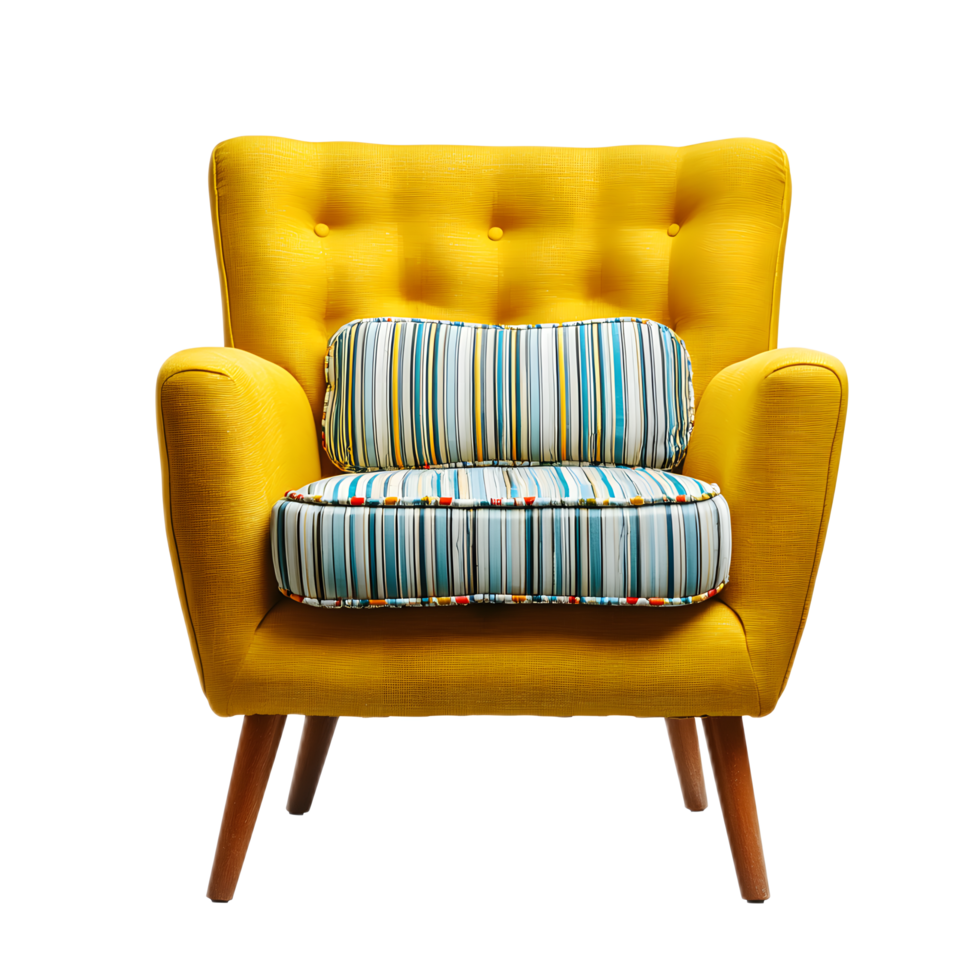 A stylish and comfortable yellow accent chair with a tufted backrest and striped patterned cushion featuring a modern yet timeless midcentury inspired design png