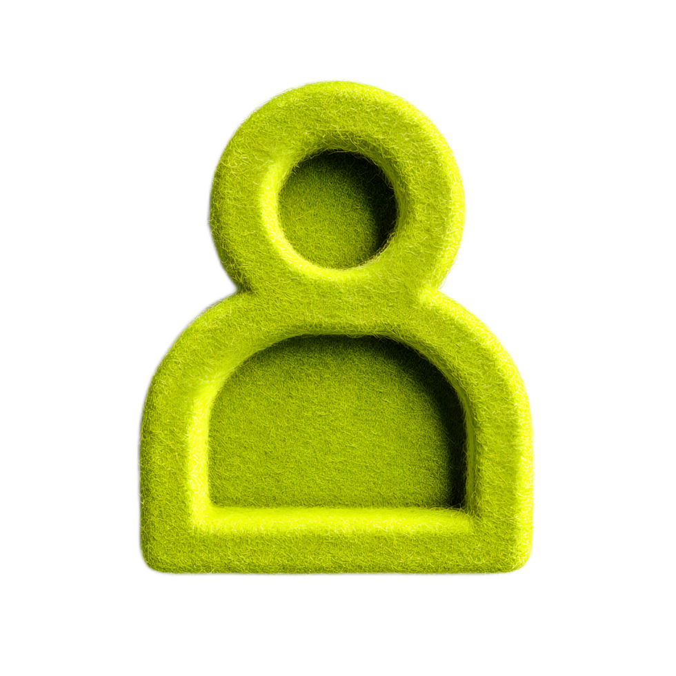 A 3D rendered abstract figure made of soft textured green felt material representing a stylized person or user icon png