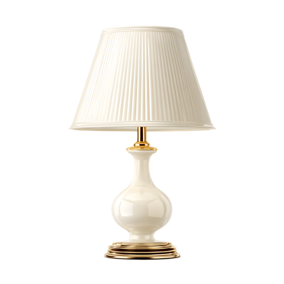 Timeless and sophisticated table lamp with a classic white pleated fabric shade and a refined brass base providing warm and ambient lighting for a cozy home or office setting png