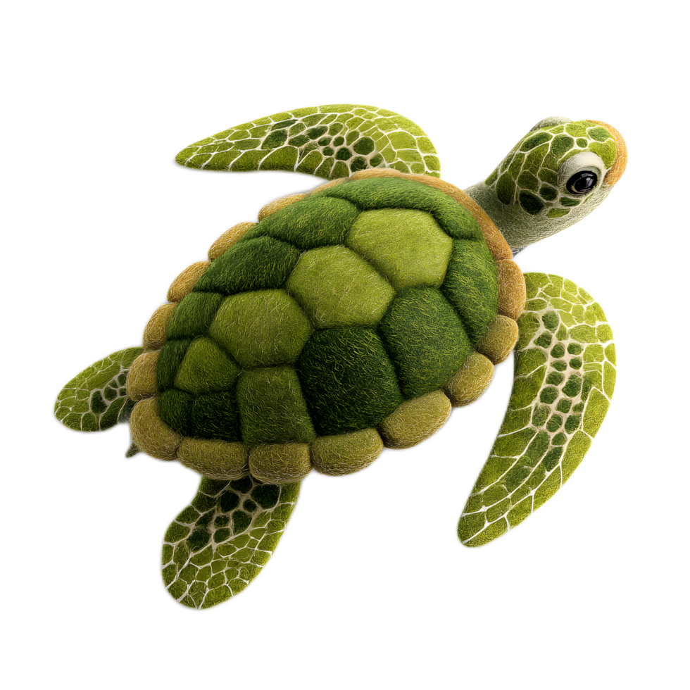 Closeup of a detailed life like turtle icon made of soft textured felt material in shades of green showcasing the intricate shell pattern and serene underwater appearance png