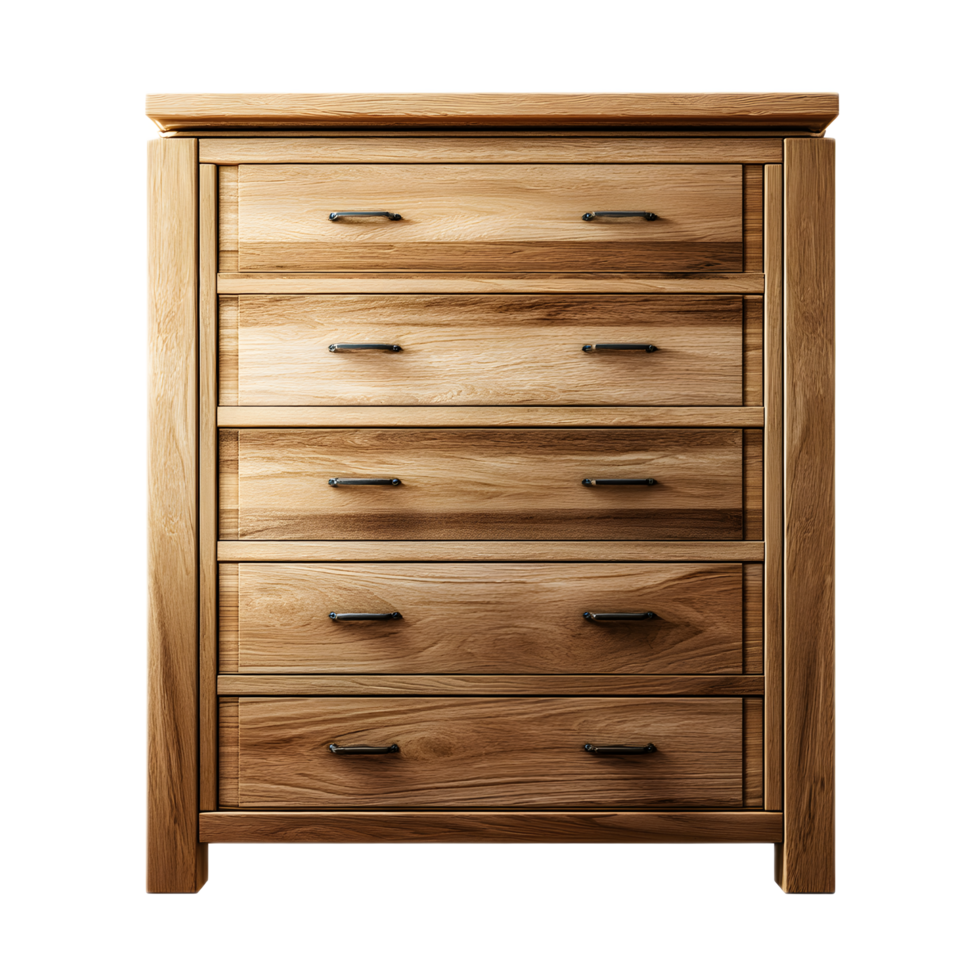Elegant and functional wooden chest of drawers with five spacious storage compartments perfect for organizing a bedroom or living space png