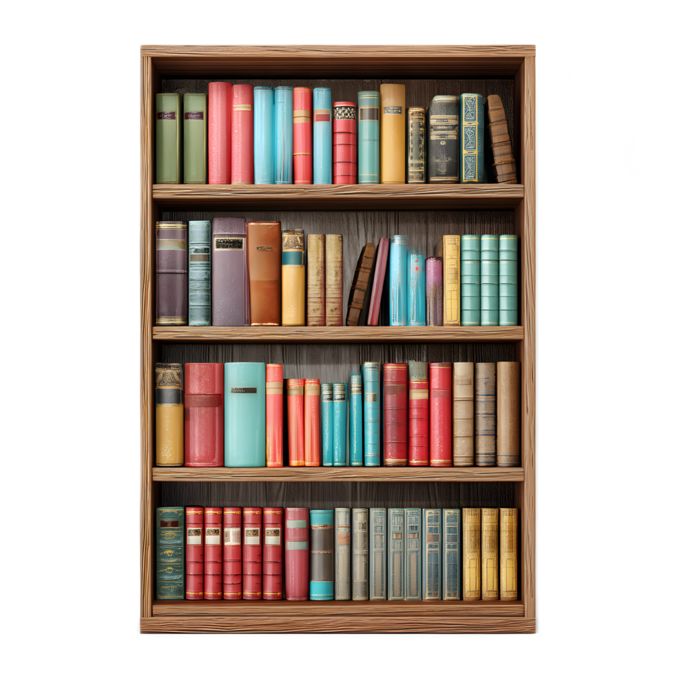 A well organized wooden bookshelf displaying a diverse collection of books ranging from textbooks and reference materials to works of fiction and nonfiction png
