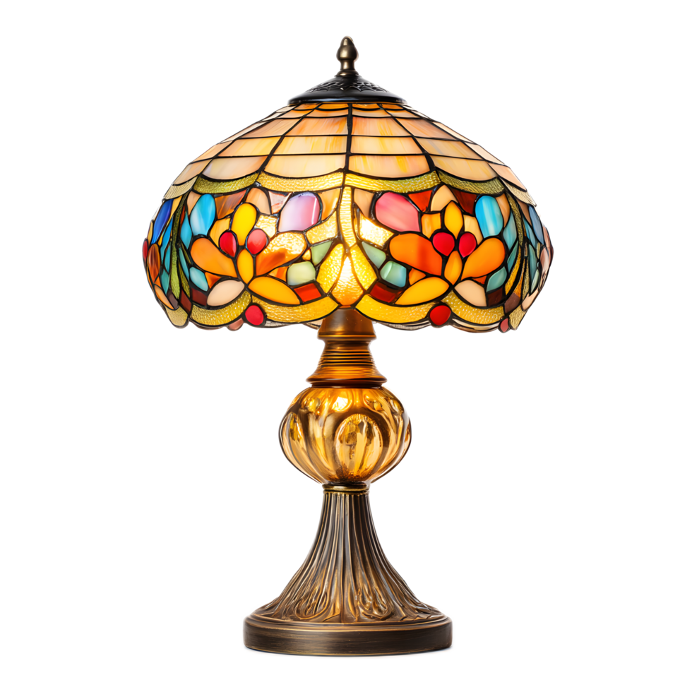 A beautifully crafted Tiffany inspired table lamp featuring an intricate colorful stained glass shade in a floral pattern creating a warm and inviting glow png