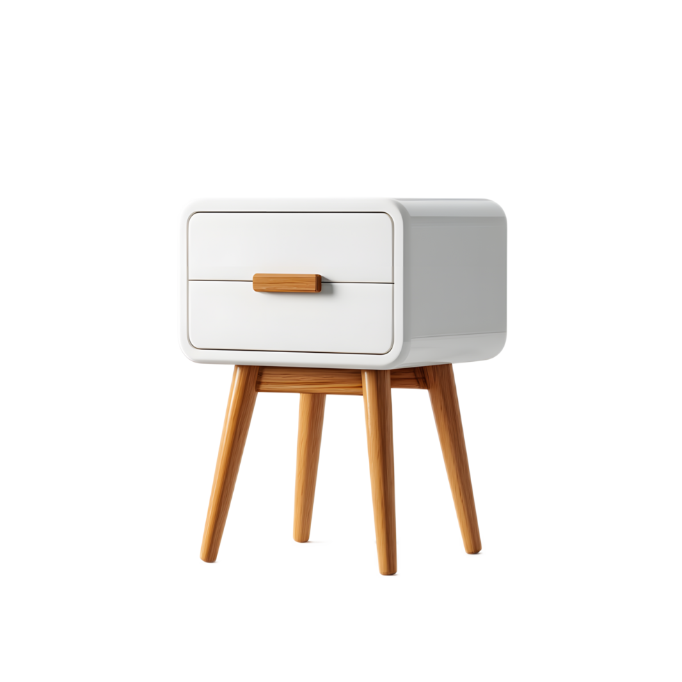 A minimalist contemporary white and wood nightstand with a single drawer perfect for bedside storage and decor in a modern bedroom png