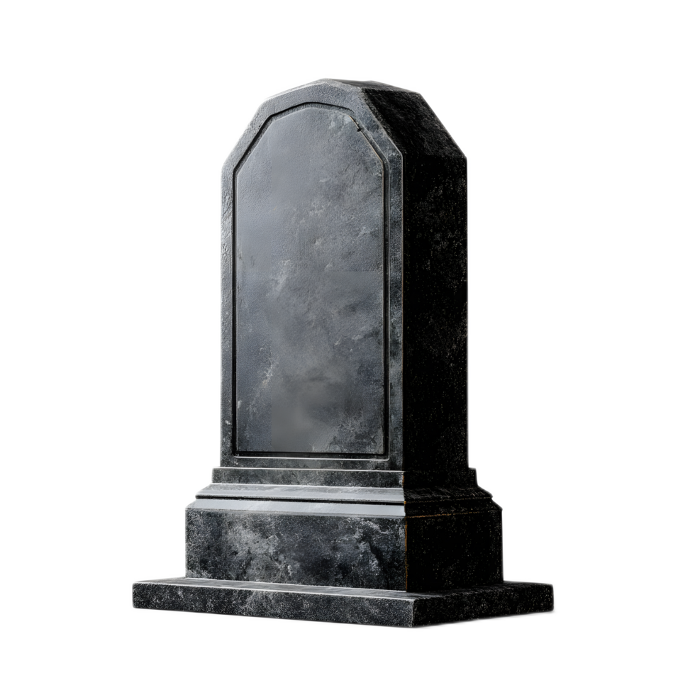 A gray granite tombstone with an arched design stands solemnly in a contemplative setting serving as a reverent memorial to honor the memory and legacy of the deceased png