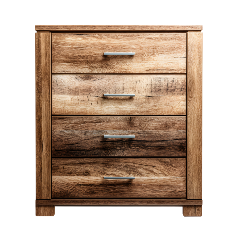 A rustic minimalist wooden chest of drawers with a clean natural wood grain and simple hardware providing functional storage for a bedroom or living space png