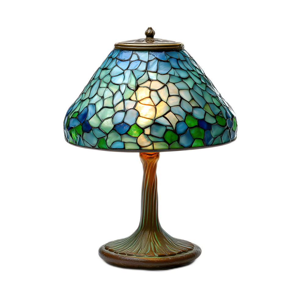 Beautifully crafted Tiffany inspired table lamp featuring a vibrant stained glass shade in a mosaic floral pattern with a warm glowing light png