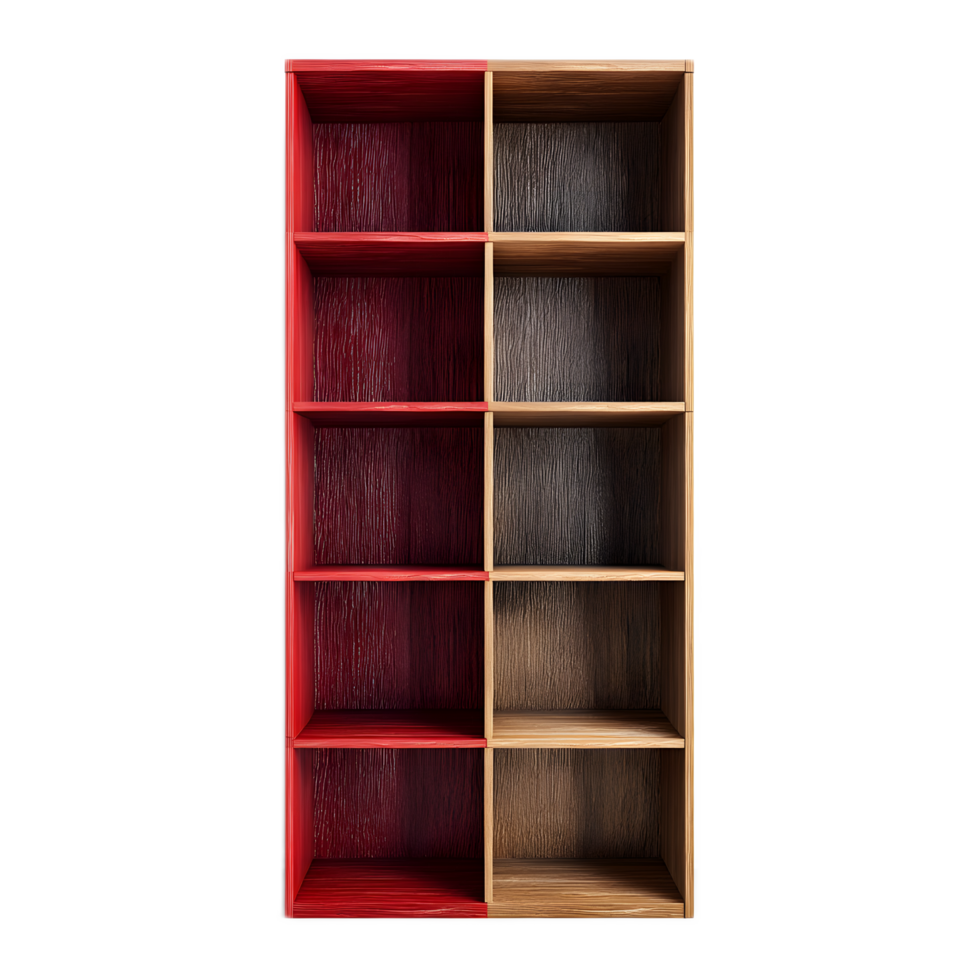A simple clean design of a wooden shelving unit with contrasting red and brown compartments offering versatile storage and display space png