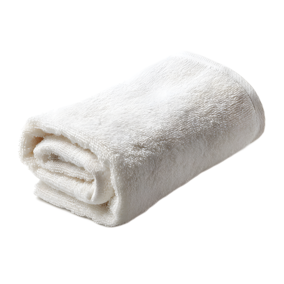 A luxuriously soft and plush white towel is neatly folded showcasing its comforting and absorbent texture against a plain minimalist background png