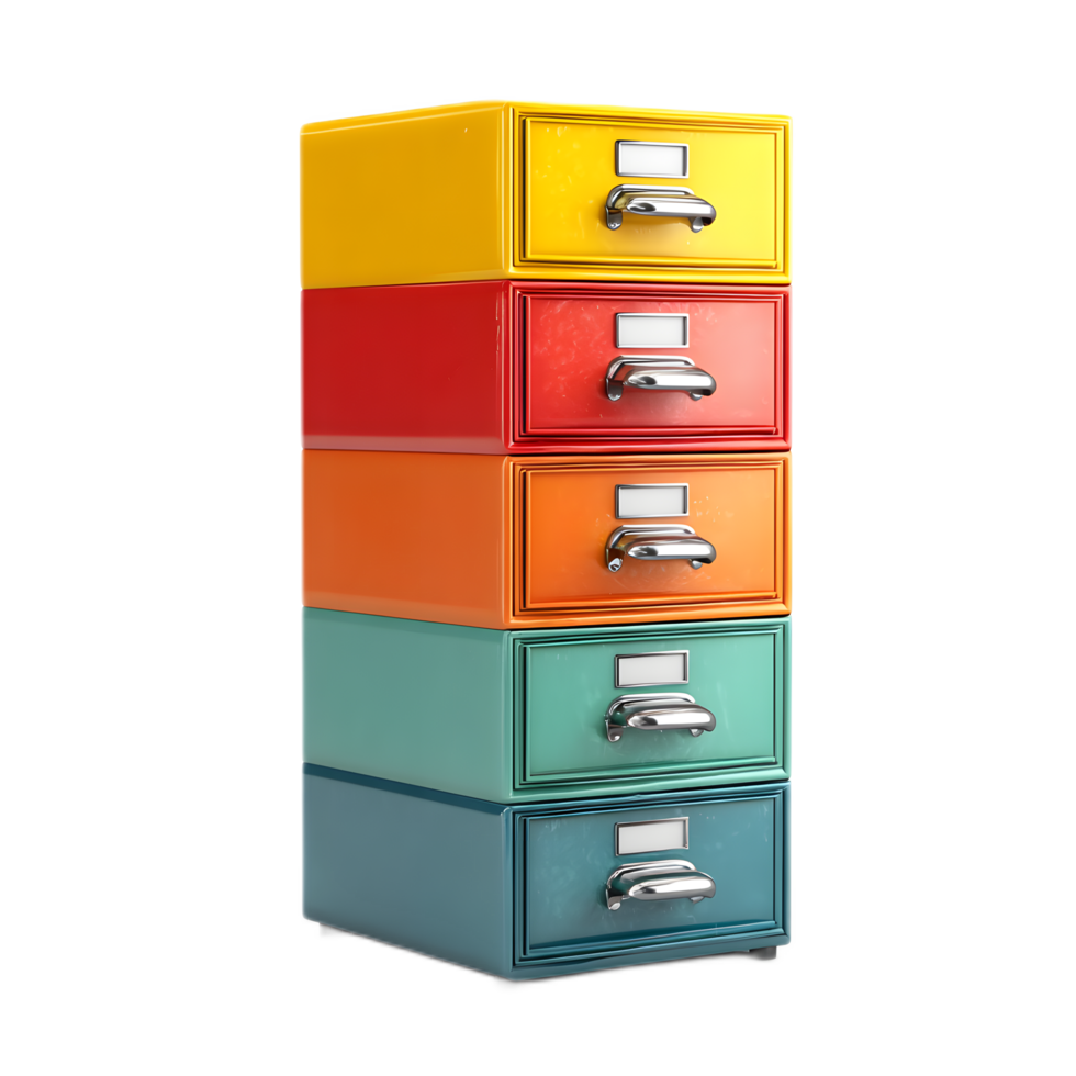 Vibrant and minimalist file cabinet with a stack of multicolored drawers in a contemporary office or workplace setting png