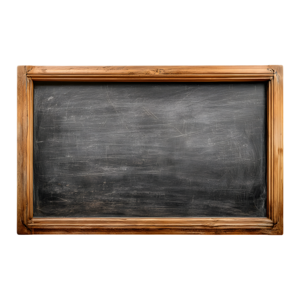 Empty vintage chalkboard in a wooden frame ready for a classroom lesson or presentation The black slate surface provides a classic educational backdrop for writing drawing or displaying information png