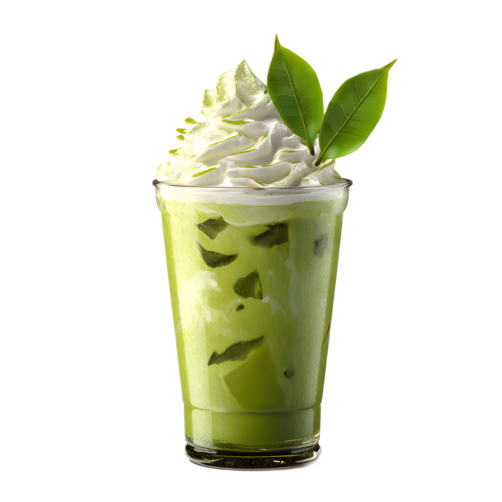 A chilled and creamy iced matcha green tea beverage with a frothy whipped topping and fresh mint garnish offering a delightful and energizing summer refreshment png